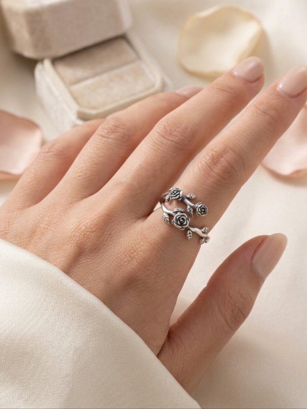 925 Silver Floral Wrap Rose Ring Adjustable